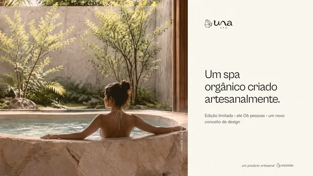 O material do UNA Spa aberto numa tela de computador, com a versão de celular na frente