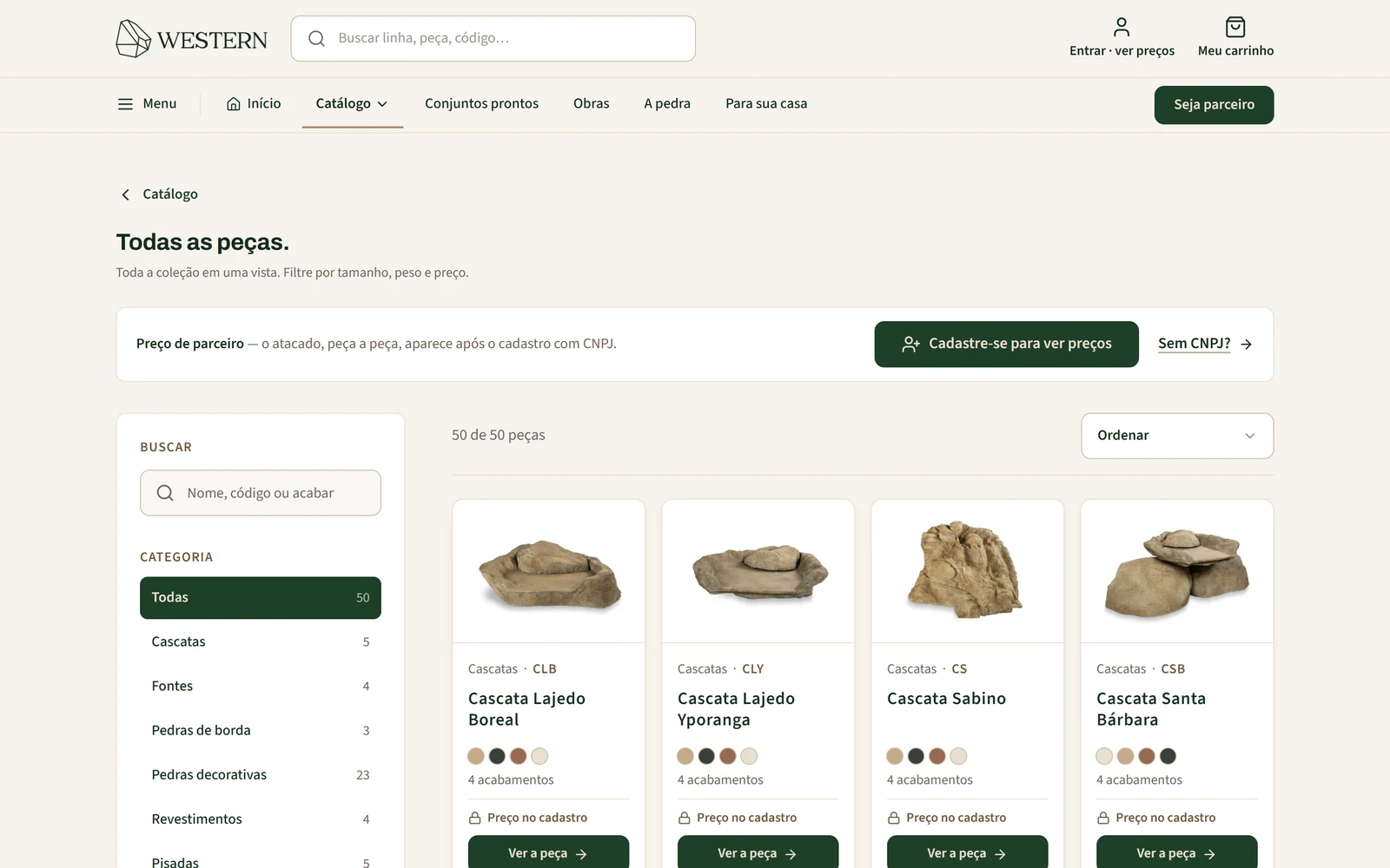 Catálogo da WesternStore no computador: todas as peças, com a tabela B2B liberada no cadastro