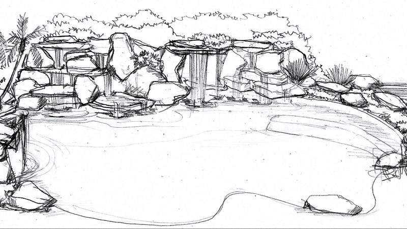 O croqui do projeto: uma cascata de pedra ao longo de uma piscina, desenhada à mão