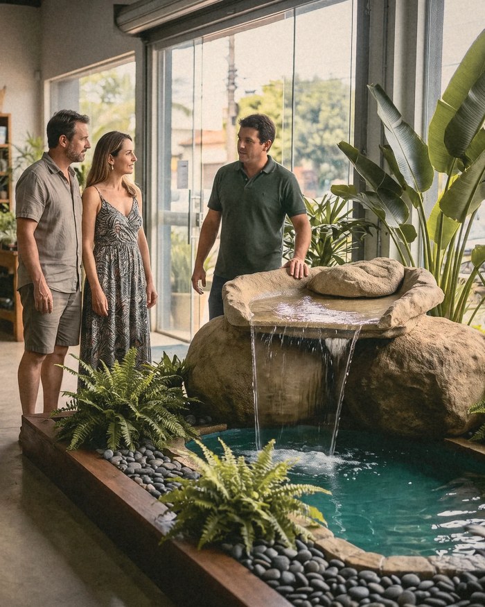 Um casal e o vendedor numa loja de piscina e jardim, diante de uma cascata de pedra da Western