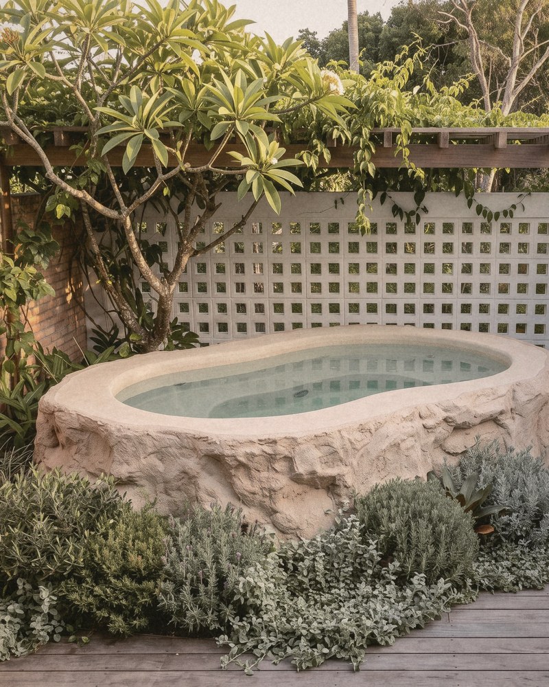 O UNA num jardim com parede de cobogó e banco de madeira