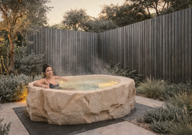 Uma mulher dentro do UNA, num jardim, com vapor saindo da água