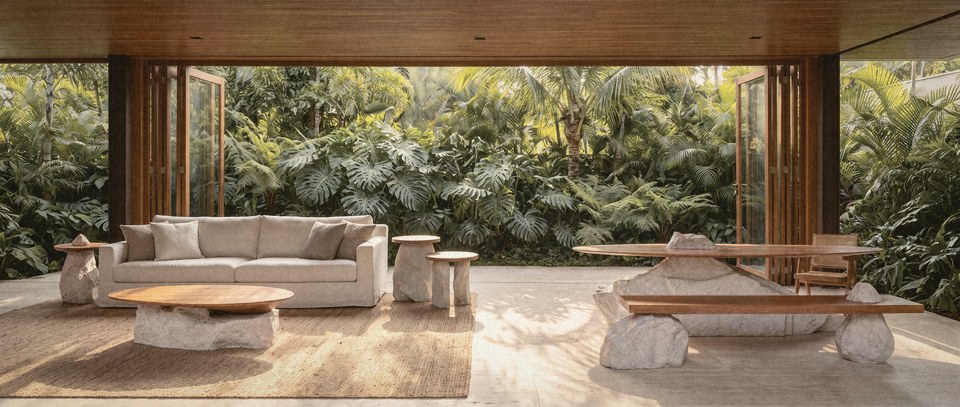 As cinco peças da Woodstone numa sala aberta para o jardim: Gaia, Núcleo, Elo, Ágora e Origem