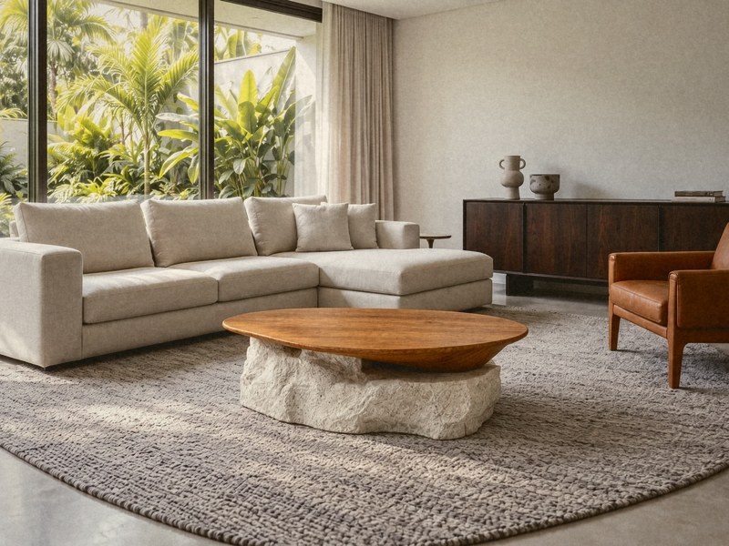 Núcleo, a mesa de centro, numa sala com sofá de canto e tapete